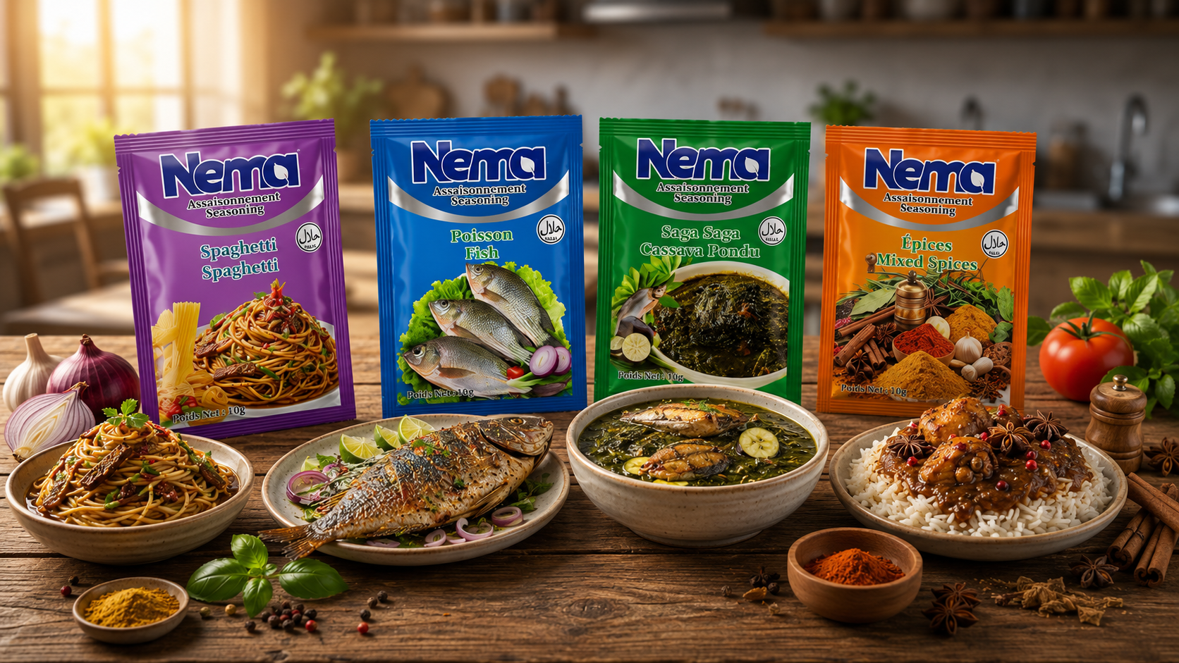 Encore plus de délicieux repas de Nema — Spaghetti, Poisson, Pondu au manioc et Épices mixtes.